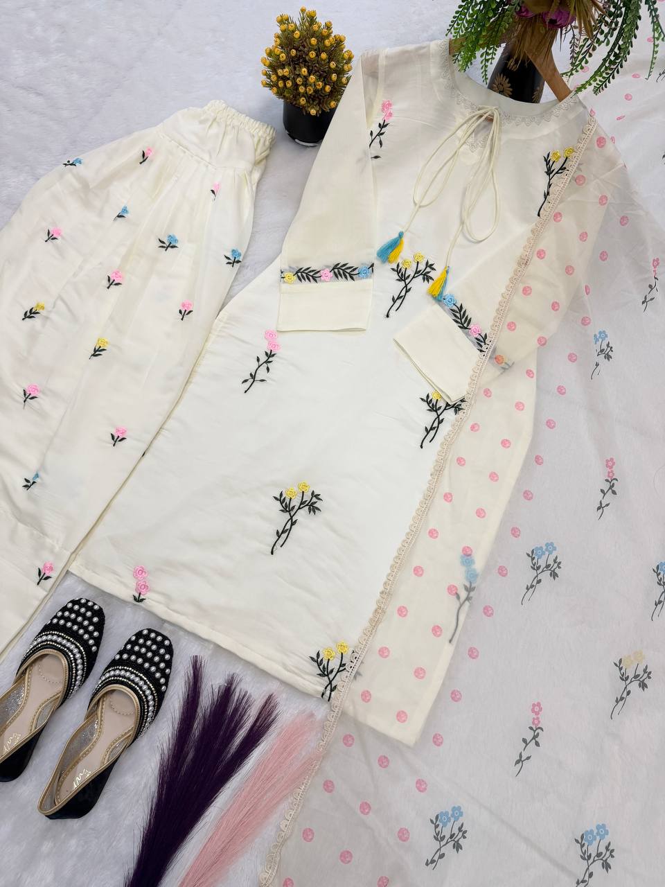Off-White Pastel Flora Palazzo Suit